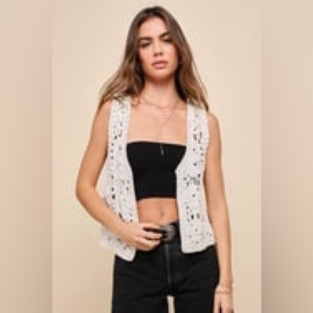 Lulus Boho Instinct Beige Crochet Open Front Vest